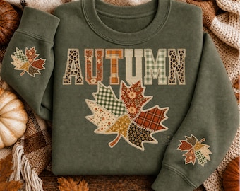 Fall Patchwork PNG Bundle, Maple Leaf PNG, Fall Applique Pattern, Faux Embroidery Autumn Design, Quilt Letter PNG