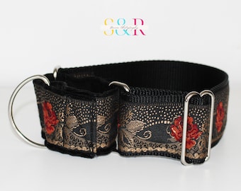 Extra Wide Martingale Dog Collar, Rose Dog Collar Gold and Black, Big Dog Collar, Girl Dog Collar, 2" Wide Dog Collar Greyhound Collar