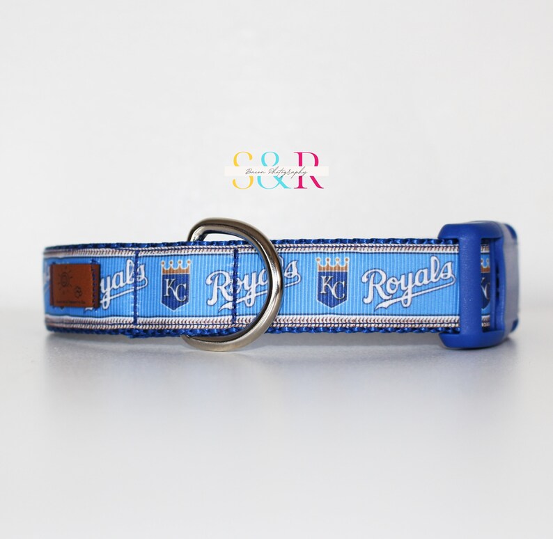 Puede incluir: Collar azul para perro con un patr&oacute;n blanco y azul que presenta el logotipo de los Kansas City Royals y el texto "Royals".