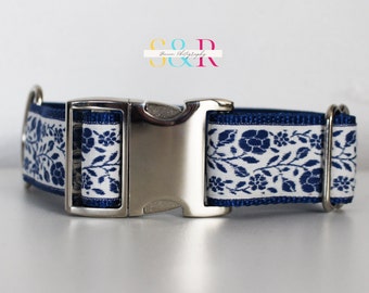 Blue Floral Dog Collar, Floral Dog Collar, Cute Dog Collar, 1.5" Wide Adjustable Dog Collar
