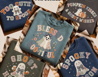 5 Patchwork Ghost PNG Bundle, Cute Halloween Ghost PNG, Fall Sublimation Designs, Spooky Season Ghost Clipart, Coquette Fall PNG