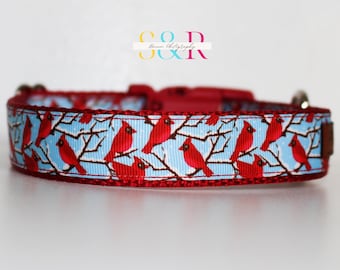 Red Cardinals Dog Collar - Winter Dog Collar - Holiday Dog Collar - 1" wide Adjustable Collar