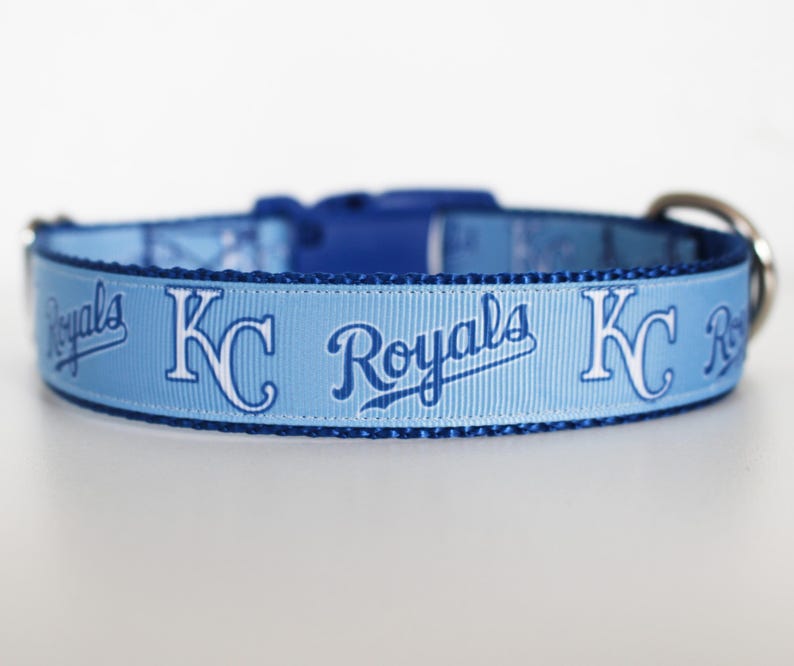 May include: A light blue dog collar with a white and blue Kansas City Royals logo. The collar has a blue and white pattern with the words "Royals" and "KC" repeated.