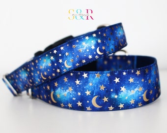Luna Moon and Stars in Blue Dog Collar, Moonlight Dog Collar, Night Sky Dog Collar Adjustable 1" or 1 1/2" dog collar and optional leash