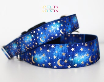 Luna Moon and Stars Dog Collar: Blue Night Sky, Adjustable Collar