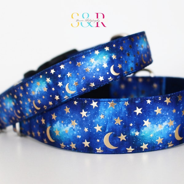 Luna Moon and Stars in Blue Dog Collar, Moonlight Dog Collar, Night Sky Dog Collar Adjustable 1" or 1 1/2" dog collar and optional leash