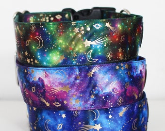 Galaxy Dog Collar, Metallic Gold Moon, and Stars, Celestial Dog Collar, Luna Dog Collar in 1 1/2"  wide width