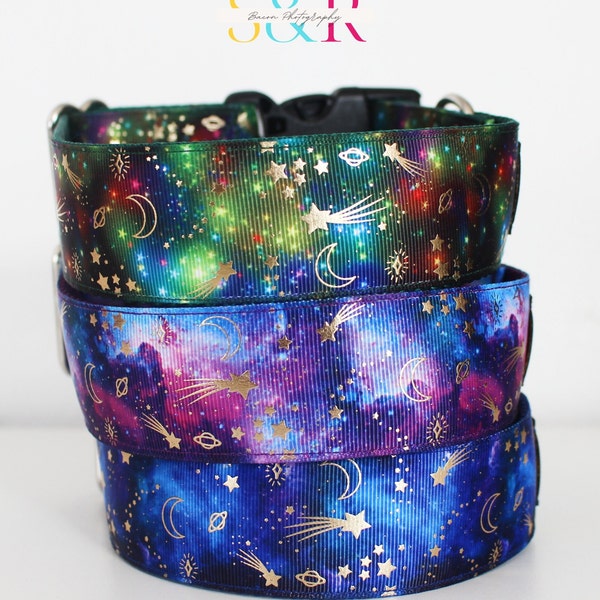 Galaxy Dog Collar, Metallic Gold Moon, and Stars, Celestial Dog Collar, Luna Dog Collar in 1 1/2"  wide width