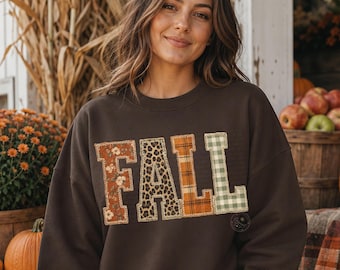 Fall Patchwork PNG | Fall Varsity PNG | Faux Embroidery Applique Design | Plaid Leopard Autumn Shirt Sublimation