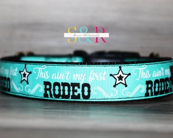 This Ain't My First Rodeo Glittered Dog Collar - Cowboy or Cowgirl Collar in Aqua 1" wide Adjustable