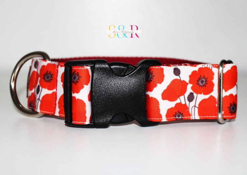 May include: Red poppy flower print dog collar with a black plastic buckle and silver D-ring.