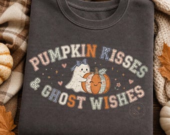 Pumpkin Kisses & Ghost Wishes PNG, Patchwork Ghost PNG, Cozy Fall Halloween PNG, Preppy Ghost Sublimation, Girly Fall Shirt Design