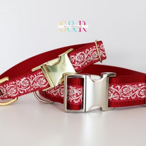 Red Brocade Dog Collar, Special Occasion Dog Collar, 1" or 1 1/2" Wide Adjustable Dog Collar and Optional Leash Set
