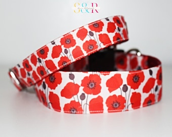 Red Poppy Dog Collar, Pretty Red Floral Dog Collar, Spring Floral Dog Collar, Dog Mom Gift, Wide Dog Collar and Optional Lead