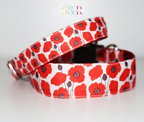 Red Poppy Dog Collar, Pretty Red Floral Dog Collar, Spring Floral Dog Collar, Dog Mom Gift, Wide Dog Collar and Optional Lead