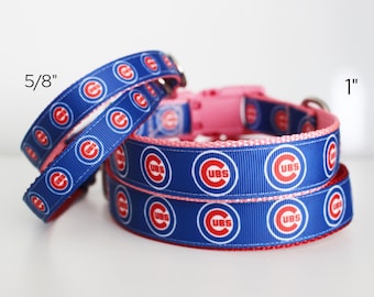Chicago Cubs Dog Collar - Cubby Dog Collar - Pink Chicago Cubs Dog Collar - 5/8" and 1' Wide Adjust Dog Collar - Optional Matching Leash