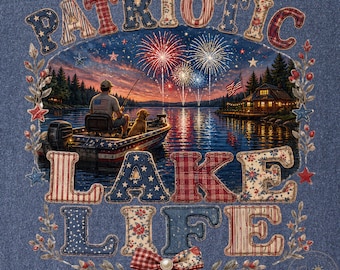Patriotic Lake Life PNG | Fishing on the Lake Fireworks Design | Summer Lake Shirt PNG | Boat Life Sublimation