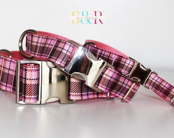 Pretty Pink and Tan Plaid Dog Collar, Tartan Pink Plaid, Trendy Dog Collar, Girl Dog Collar, 5/8", 1" or 1 1/2" Wide Dog Collar