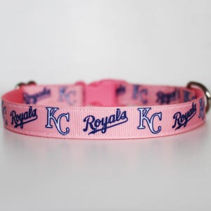 May include: Pink dog collar with a repeating pattern of blue "KC Royals" text.