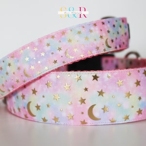 Luna Moon and Stars Dog Collar: Pink Tye Dye Night Sky, Adjustable