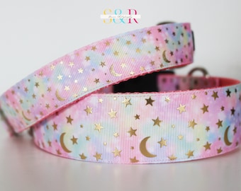 Luna Moon and Stars in Pink Tie Dye Collar, Moonlight Dog Collar, Night Sky-Dog Collar Adjustable 1" or 1 1/2" dog collar and optional leash