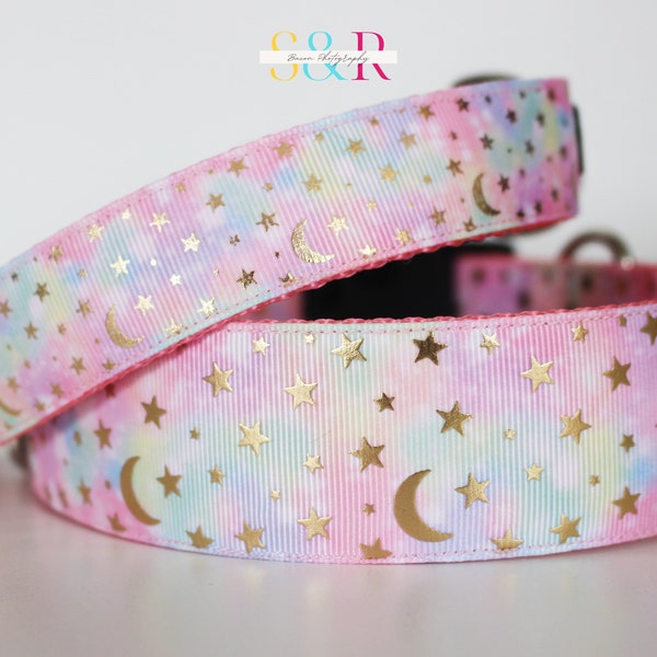 Luna Moon and Stars Dog Collar: Pink Tye Dye Night Sky, Adjustable