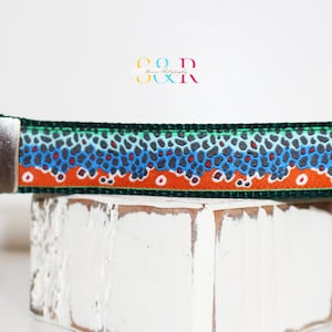 May include: Key fob wrist strap with a fish scale pattern in shades of blue, orange, and gray. The strap is attached to a silver-colored metal key ring and clasp. The design is reminiscent of a trout.