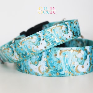 Luna Moon and Stars Dog Collar: Mint Green Night Sky, Adjustable Collar