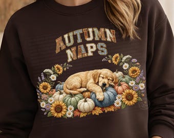 Autumn Naps Golden Retriever PNG, Fall Puppy PNG, Pumpkin Dog Sublimation, Cozy Fall Shirt Design, Golden Retriever Fall Clipart