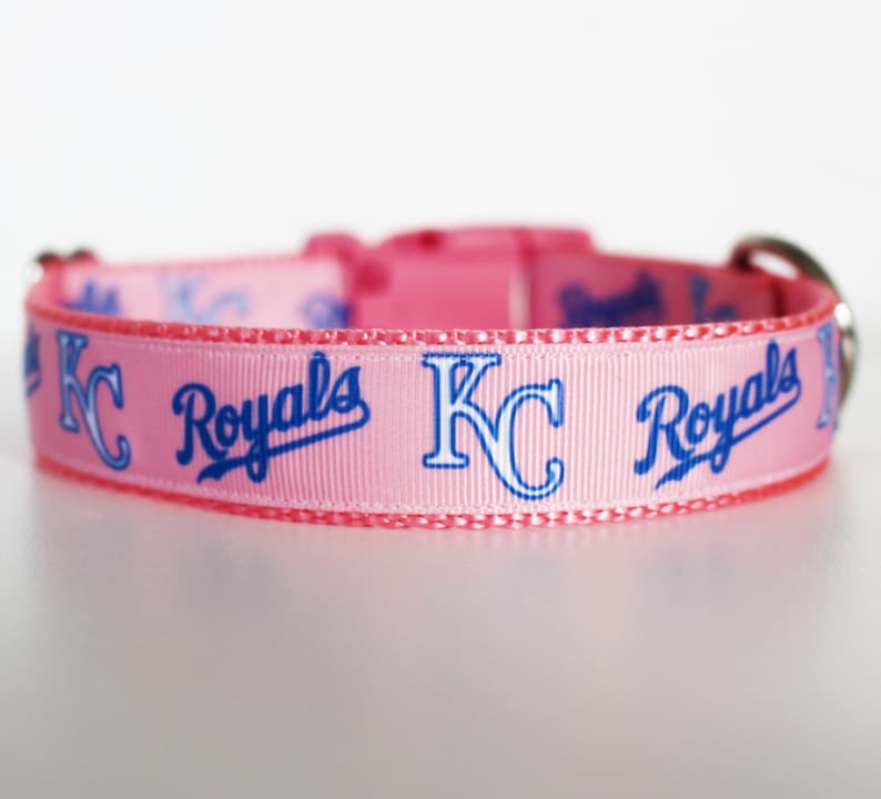 May include: Pink dog collar with a blue and white "KC Royals" design.