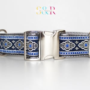 Medieval Renaissance Dog Collar - Metallic Navy Blue Jacquard Dog Collar - 1 1/2&quot; Wide Adjustable Dog Collar