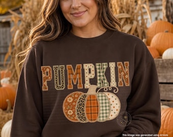 Pumpkin Fall PNG | Faux Embroidery Applique Pumpkin PNG | Patchwork Autumn Shirt Design | Vintage Fall Sublimation Download