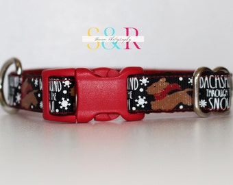 Dachshund Through The Snow Dog Collar - Christmas Dog Collar - Daschund Lover Dog Collar - 5/8" Wide Adjustable Collar