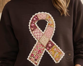 Patchwork Breast Cancer Ribbon PNG, Pink Ribbon PNG, Floral Cancer Awareness PNG, Vintage Lace Survivor Design