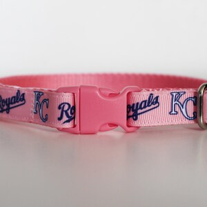 May include: Pink dog collar with a blue and white Kansas City Royals logo.