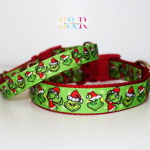 Merry Grinchmas Dog Collar, The Grinch Dog Collar, Christmas Dog Collar, Holiday Dog Collar, XXS - XL, Adjustable 5/8" or 1" Wide Dog Collar