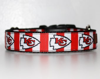 Kansas City Chiefs Dog Collar, KC Chiefs Red and White Striped Collar, Football Dog Collar, 1" wide Adjustable Dog Collar
