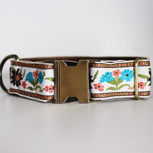May include: A white dog collar with a floral embroidered design featuring blue, red, and black flowers. The collar has a bronze-colored metal buckle and a matching D-ring for leash attachment. The collar is approximately 1 inch wide.