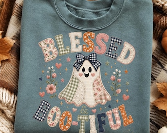 Blessed and Boo-Tiful PNG, Patchwork Ghost PNG, Floral Ghost Halloween PNG, Girly Fall Sublimation, Preppy Halloween Design
