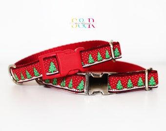 Snowy Pines Tree Dog Collar, Christmas Tree Dog Collar, Small Adjustable Dog Collar