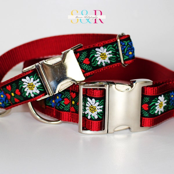 Edelweiss Dog Collar - Swiss Dog Collar - Bavarian Dog Collar - 1" or 1 1/2" width - Boy Dog Collar - Girl Dog Collar