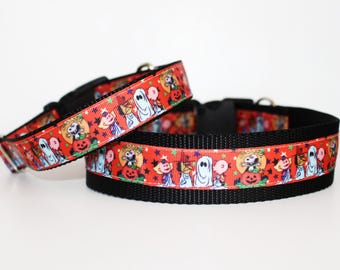 Halloween Dog Collar,  Fall Dog Collar, Trick or Treating Friends and Beagle, choose 1" or 1.5" wide Adjustable Collar
