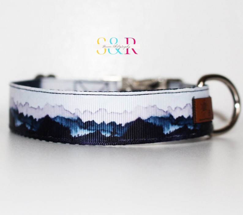 K&ouml;nnte beinhalten: Ein wei&szlig;es Hundehalsband mit einem blauen und violetten Bergdruck. Das Halsband hat eine silberne Schnalle und einen braunen Lederfleck.