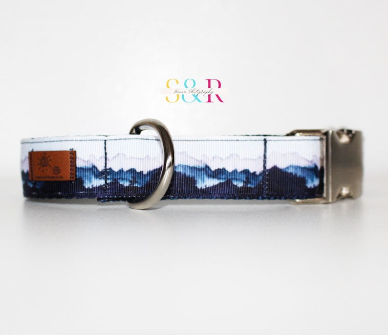 K&ouml;nnte beinhalten: Ein wei&szlig;-blaues Hundehalsband mit einem Bergpanorama-Design. Das Halsband hat eine silberne Schnalle und einen silbernen D-Ring. Das Halsband ist aus strapazierf&auml;higem Nylon.