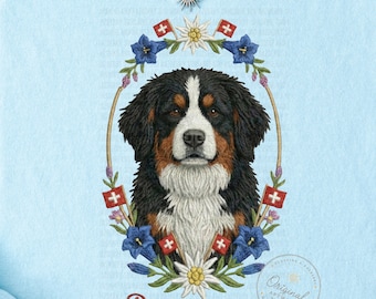 Bernese Mountain Dog Mama PNG, Berner Mama PNG, Faux Embroidery Dog Mom Design, Swiss Floral Dog PNG, Alpine Folk Floral png