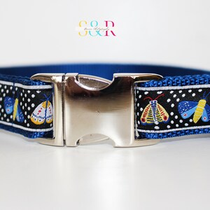 May include: A blue dog collar with a silver buckle and a black and white patterned ribbon featuring colorful butterflies.