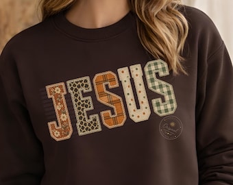 Jesus Fall PNG | Faux Embroidery Applique Christian Autumn PNG | Patchwork Pumpkin Shirt Design | Vintage Fall Sublimation Download