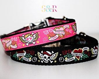 Skull & Heart Tattoo Dog Collar: Adjustable 1" Wide