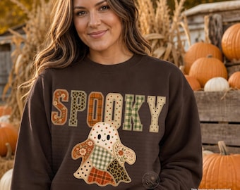 Spooky Patchwork Ghost PNG | Halloween Applique PNG | Faux Embroidery Ghost | Spooky Season Fall Shirt Design