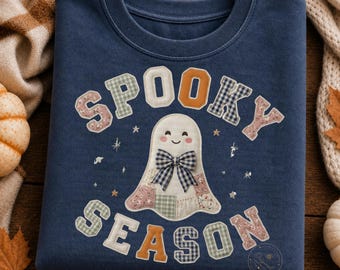 Spooky Season PNG, Patchwork Ghost PNG, Preppy Halloween PNG, Cozy Fall Ghost Design, Girly Halloween Sublimation png
